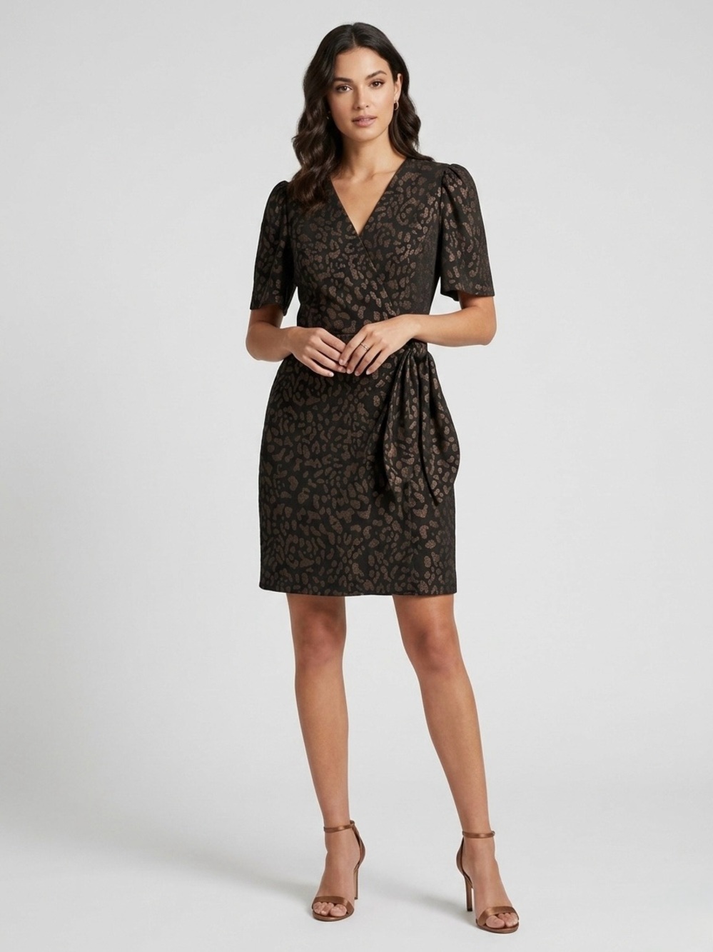Alex Marie Metallic Jacquard Leopard Print Faux Wrap Dress Side Bow - Size 16